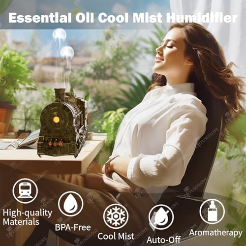 Diffuserlove Train Diffuser 300ML Essential Oil Diffuser Cool Mist Humidifier Aroma Diffuser with Night Light for Bedroom Desk Black|B0D48ZT2JG
