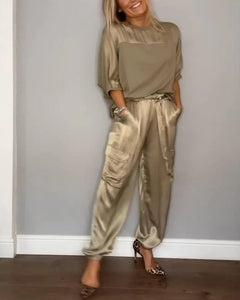 👗Smooth Satin Half-sleeved Top and Pants Set💝