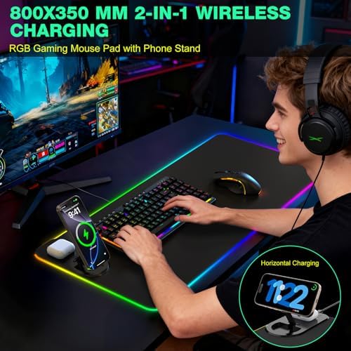 RGB Gaming Mouse Pad Wireless Charging Desk Mat with Foldable Phone Stand, Large LED Gaming Mat 800x350x4mm, 15 Light Modes, Waterproof, Keyboard Pad for PC Computer, Includes 20W PD Power Adapter|B0FPFZFXXT