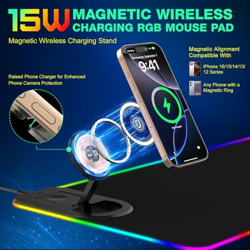 RGB Gaming Mouse Pad Wireless Charging Desk Mat with Foldable Phone Stand, Large LED Gaming Mat 800x350x4mm, 15 Light Modes, Waterproof, Keyboard Pad for PC Computer, Includes 20W PD Power Adapter|B0FPFZFXXT
