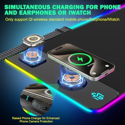 RGB Gaming Mouse Pad Wireless Charging Desk Mat with Foldable Phone Stand, Large LED Gaming Mat 800x350x4mm, 15 Light Modes, Waterproof, Keyboard Pad for PC Computer, Includes 20W PD Power Adapter|B0FPFZFXXT