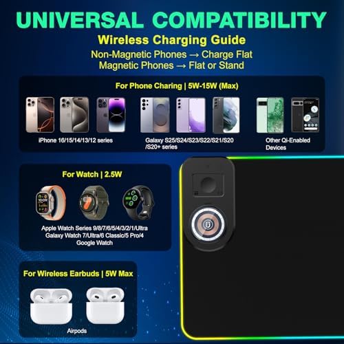 RGB Gaming Mouse Pad Wireless Charging Desk Mat with Foldable Phone Stand, Large LED Gaming Mat 800x350x4mm, 15 Light Modes, Waterproof, Keyboard Pad for PC Computer, Includes 20W PD Power Adapter|B0FPFZFXXT
