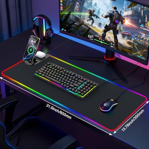 RGB Gaming Mouse Pad Wireless Charging Desk Mat with Foldable Phone Stand, Large LED Gaming Mat 800x350x4mm, 15 Light Modes, Waterproof, Keyboard Pad for PC Computer, Includes 20W PD Power Adapter|B0FPFZFXXT