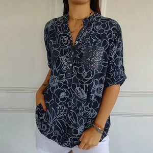 PrintLuxe – V-Neck Button-Down Printed Blouse