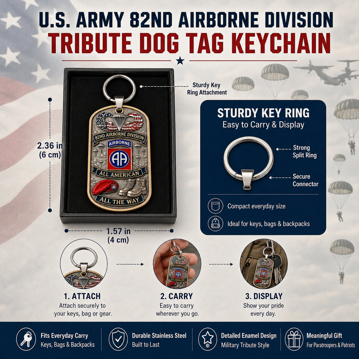 🪂U.S. Army 82nd Airborne Division Tribute Dog Tag Keychain（Gift box included）