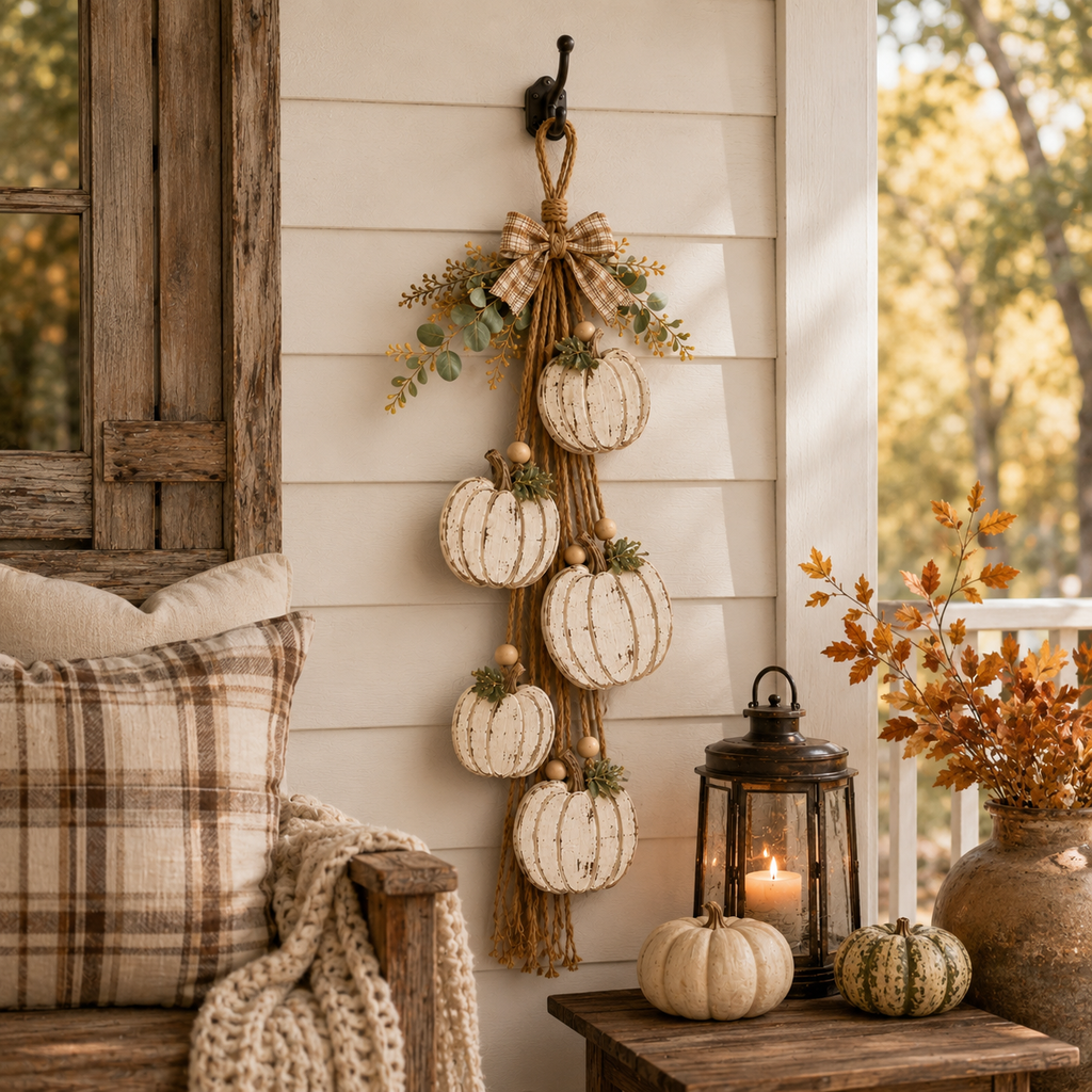 HarvestGlow – Rustic White Pumpkin Hanging Swag