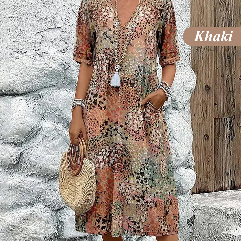 LinenAura – Elegant Printed Linen Cotton Midi Dress