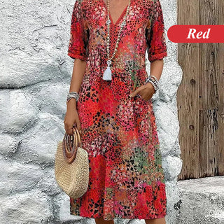 LinenAura – Elegant Printed Linen Cotton Midi Dress