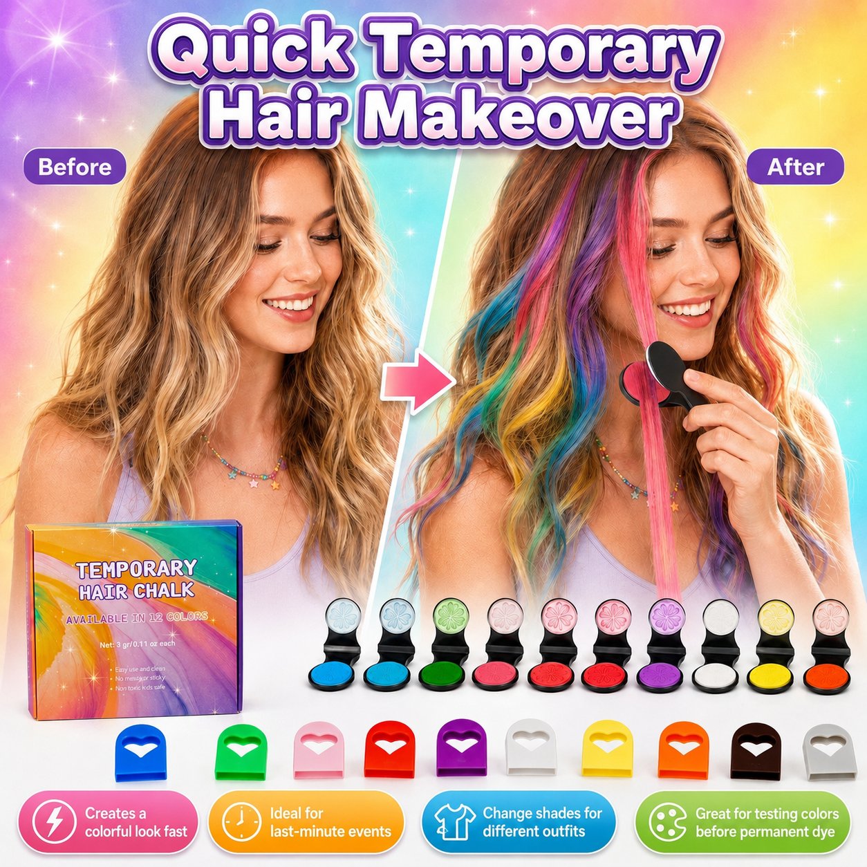 ColorRush – 12-Color Temporary Hair Chalk Applicator Set