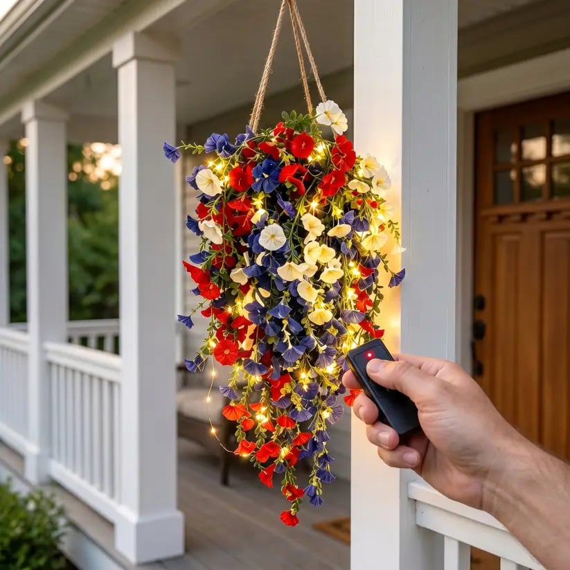 🎉Patriotic Hanging Flower Baskets 🔴⚪🔵 - Artificial Outdoor Decor, No Maintenance