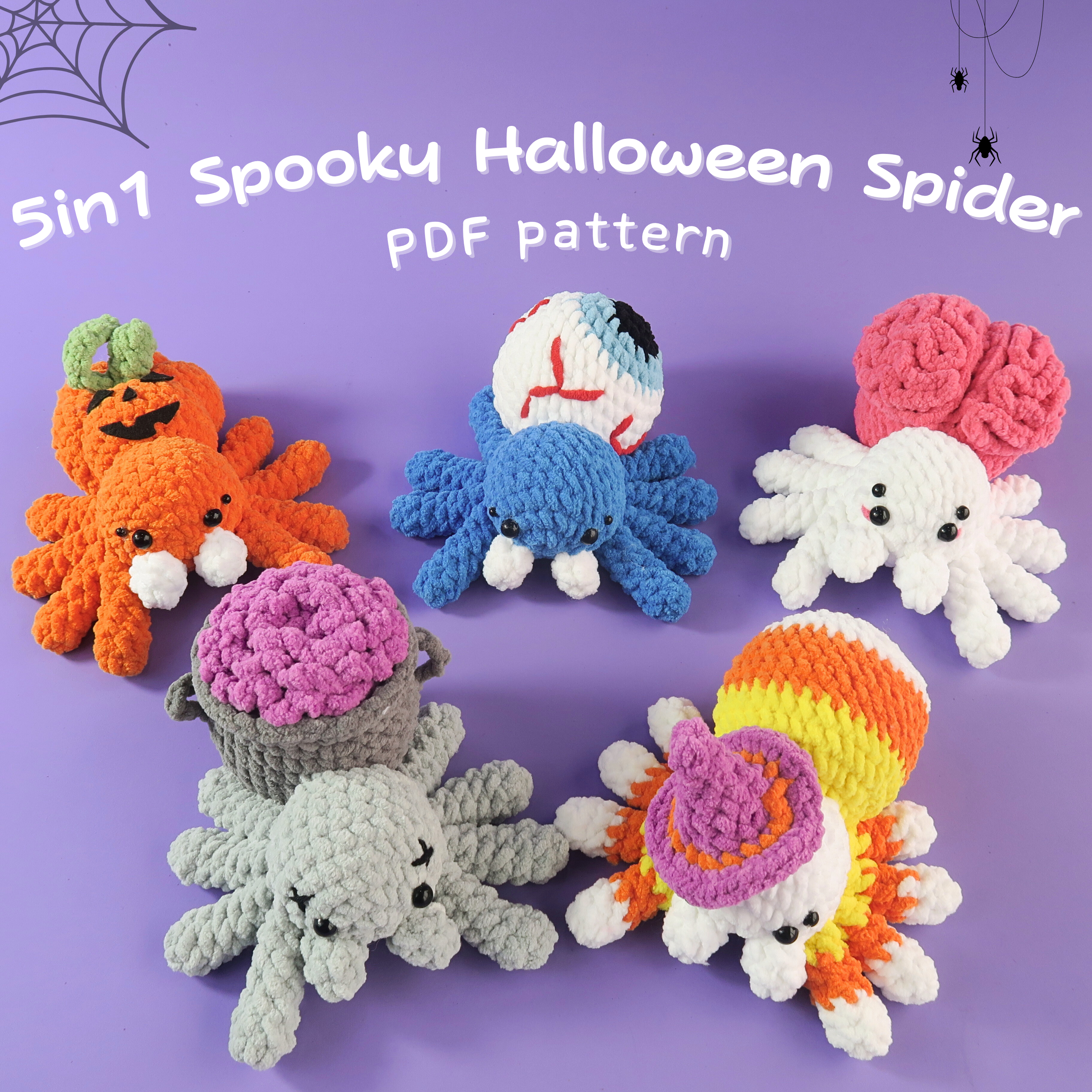 5in1 Colorful crocheted halloween spider pumpkin toys, spider eyes crocheted, brain spider crocheted, vase spider crocheted, candy witch spider crocheted on a purple background with text '5in1 Spooky Halloween Spider PDF pattern'.