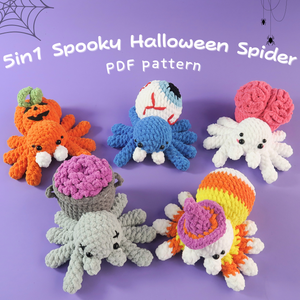 5in1 Colorful crocheted halloween spider pumpkin toys, spider eyes crocheted, brain spider crocheted, vase spider crocheted, candy witch spider crocheted on a purple background with text '5in1 Spooky Halloween Spider PDF pattern'.