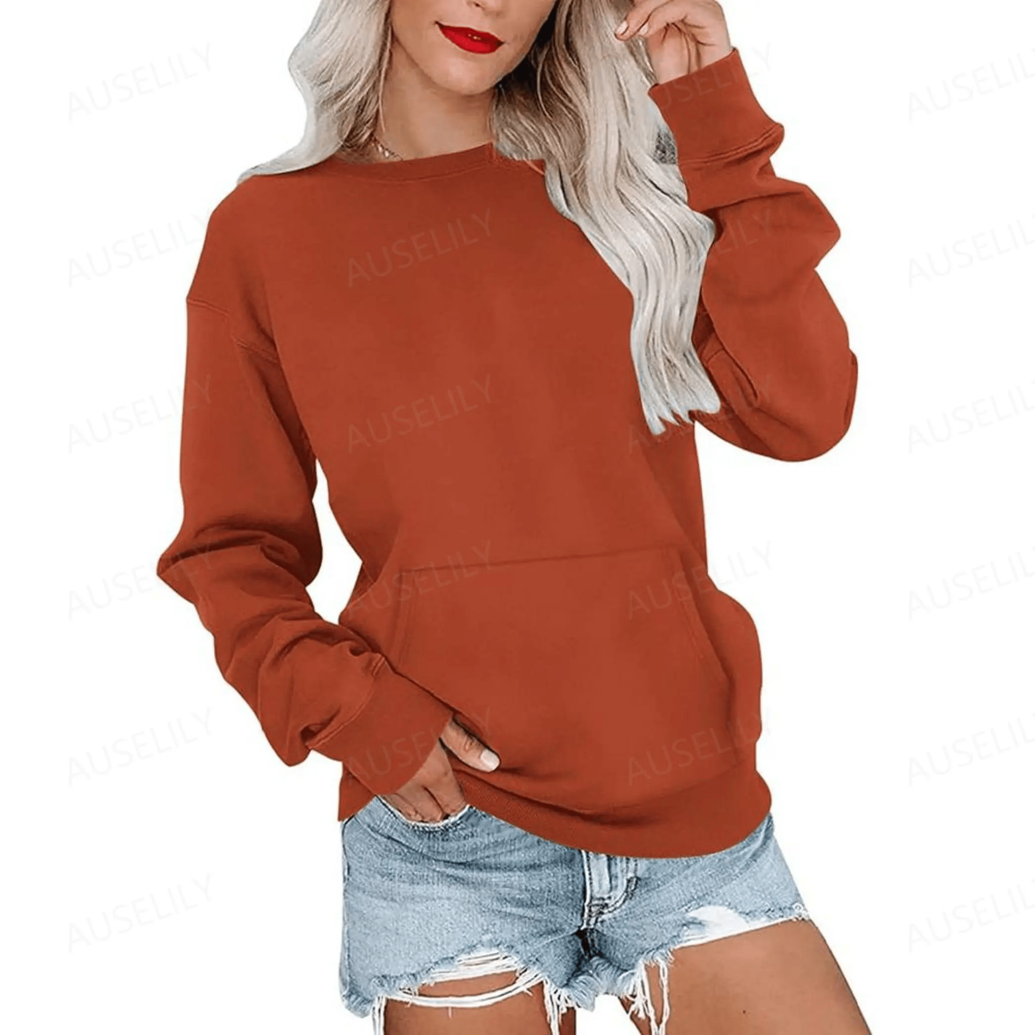 AUSELILY Women's Crewneck Hoodless Sweatshirt With Kangaroo Pocket Fleece Longsleeve Oversized Casual Style Shirt Lightweight Pullover 2026