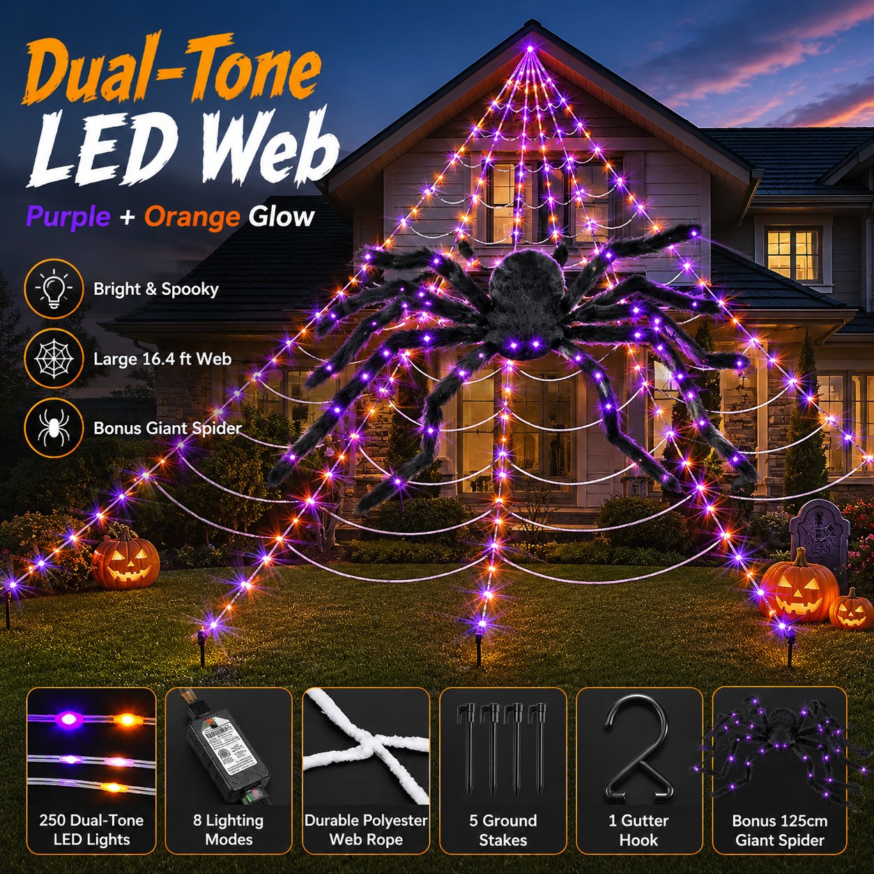 SpookGlow – Giant Purple LED Spider Web Lights