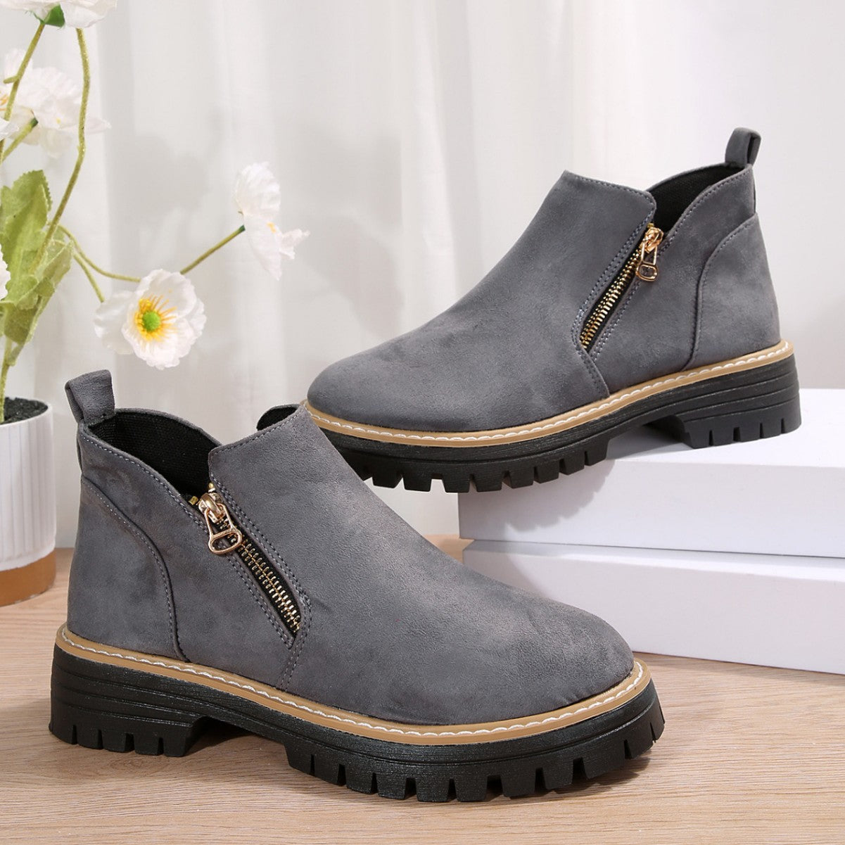 TrendStride – Stylish Solid Color Ankle Boots