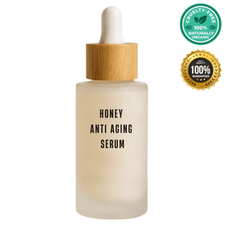 Honey Anti Aging Serum in a glass bottle with dropper and bamboo lid, promoting smooth, radiant skin.