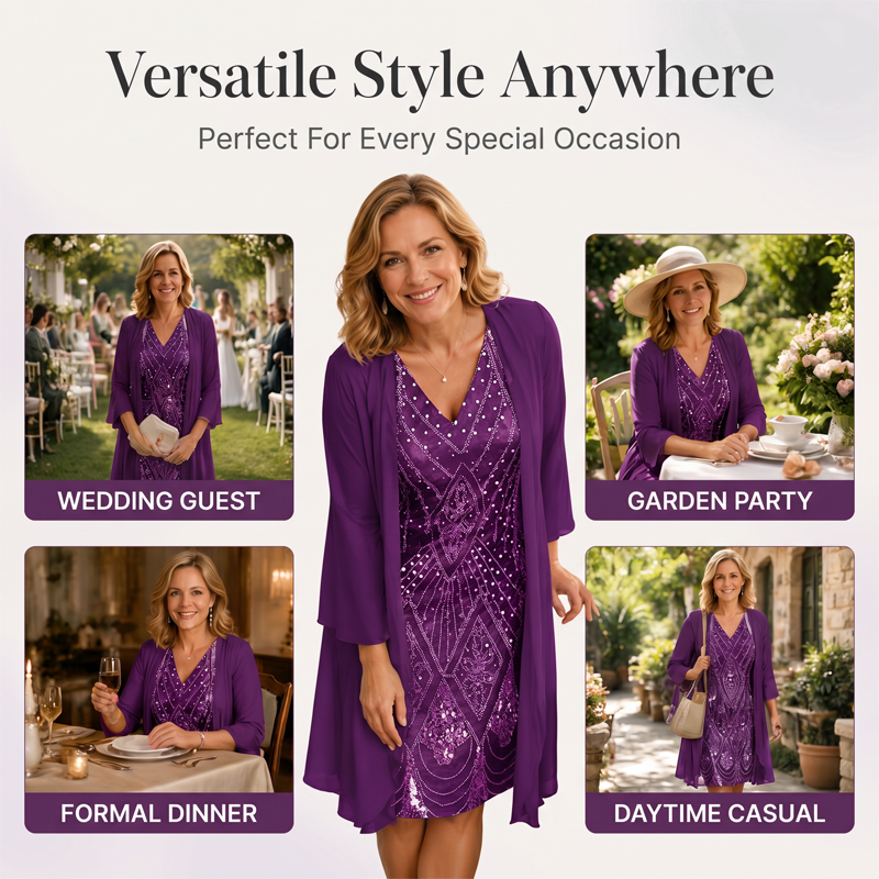 GraceLuxe – Elegant V-Neck Dress & Sheer Jacket Set
