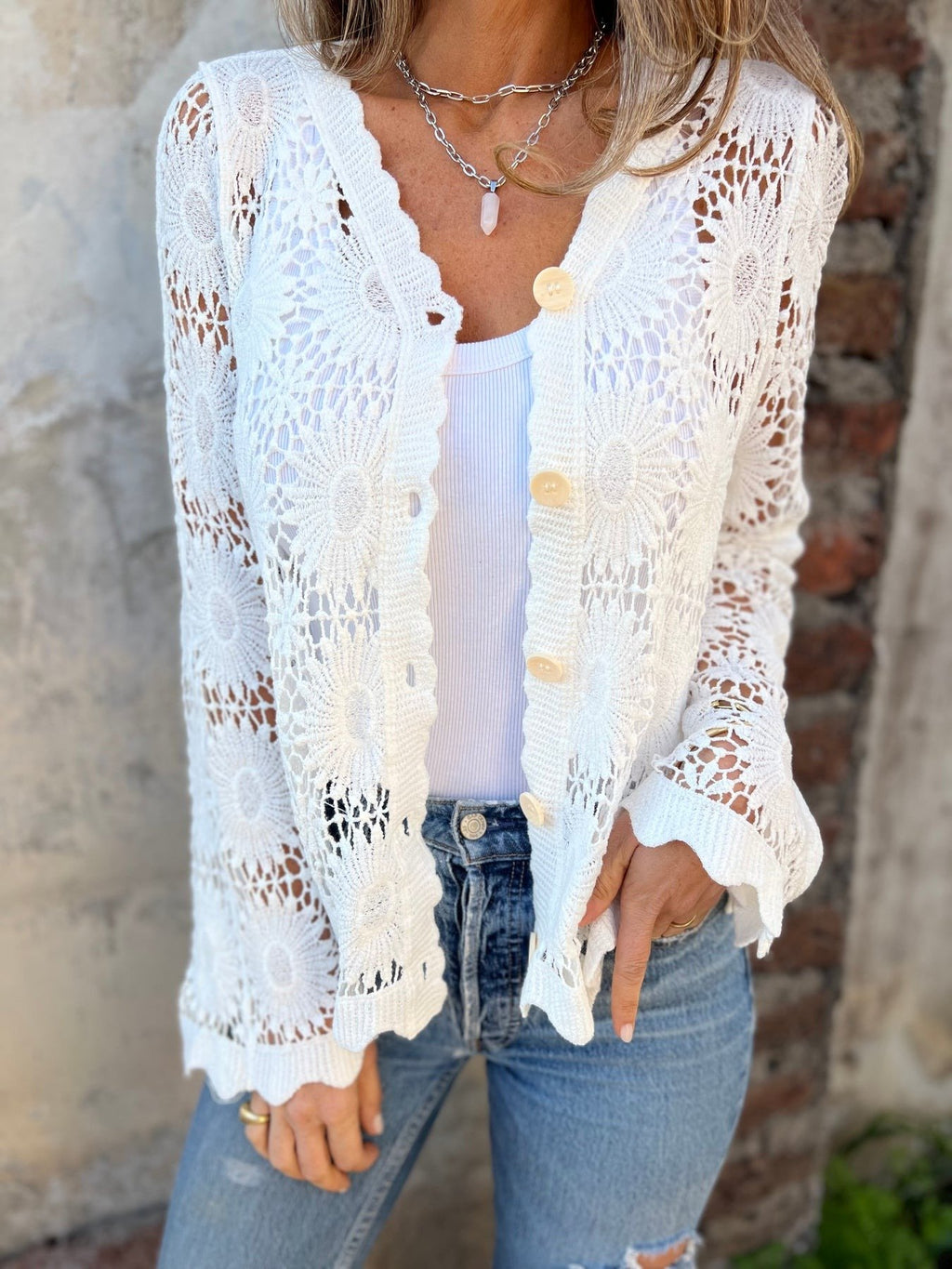 PetalGrace - Buttoned Cutout Embroidered Top