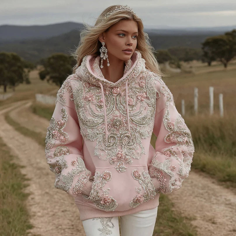 BloomCharm – Pink Floral Embroidered Cozy Hoodie