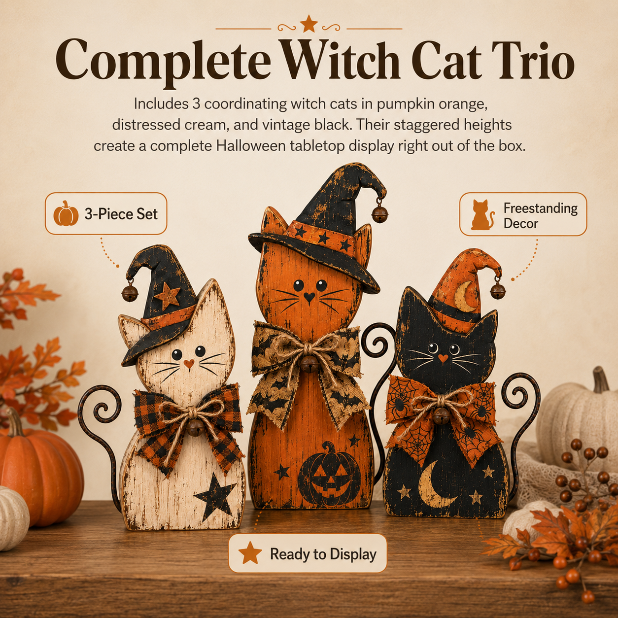 Vintage Halloween Witch Cat Decor Set