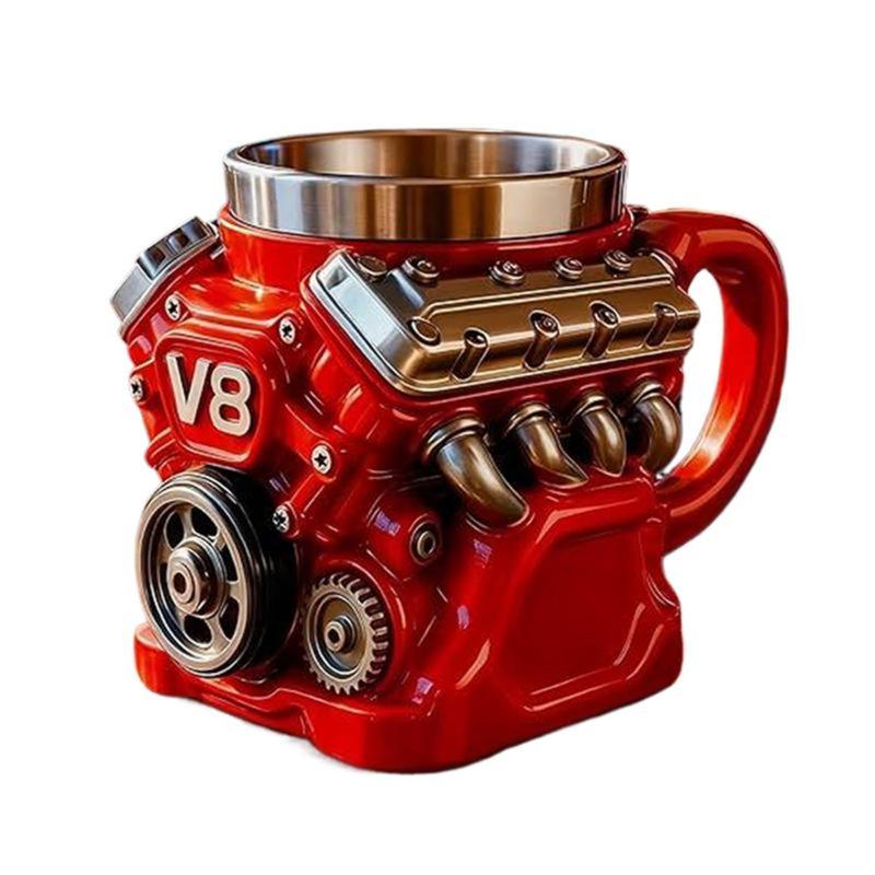 Engine-themed coffee mug, a retro-styled, realistic V8 engine stainless steel mug, a personalized double-walled insulated car mug with a handle, the perfect gift for Father's Day, Christmas, husbands, mechanics, and car enthusiasts.