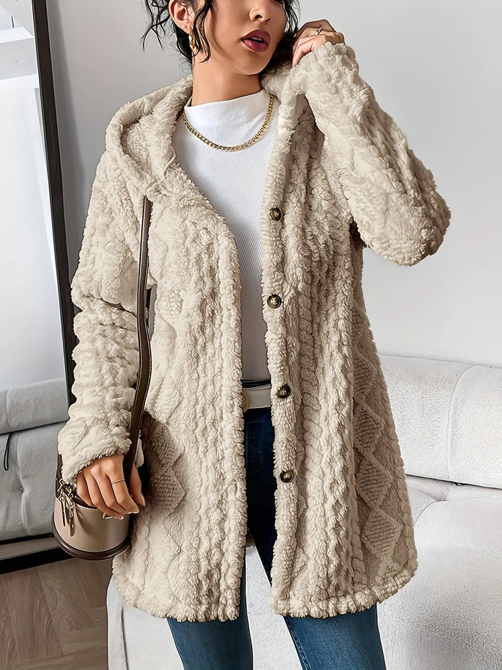 ⏰Hot Sale-Womens Fuzzy Fleece Button Down Jacket Hooded Open Front Cardigan Sweater(BUY 2 FREE SHIPPING)