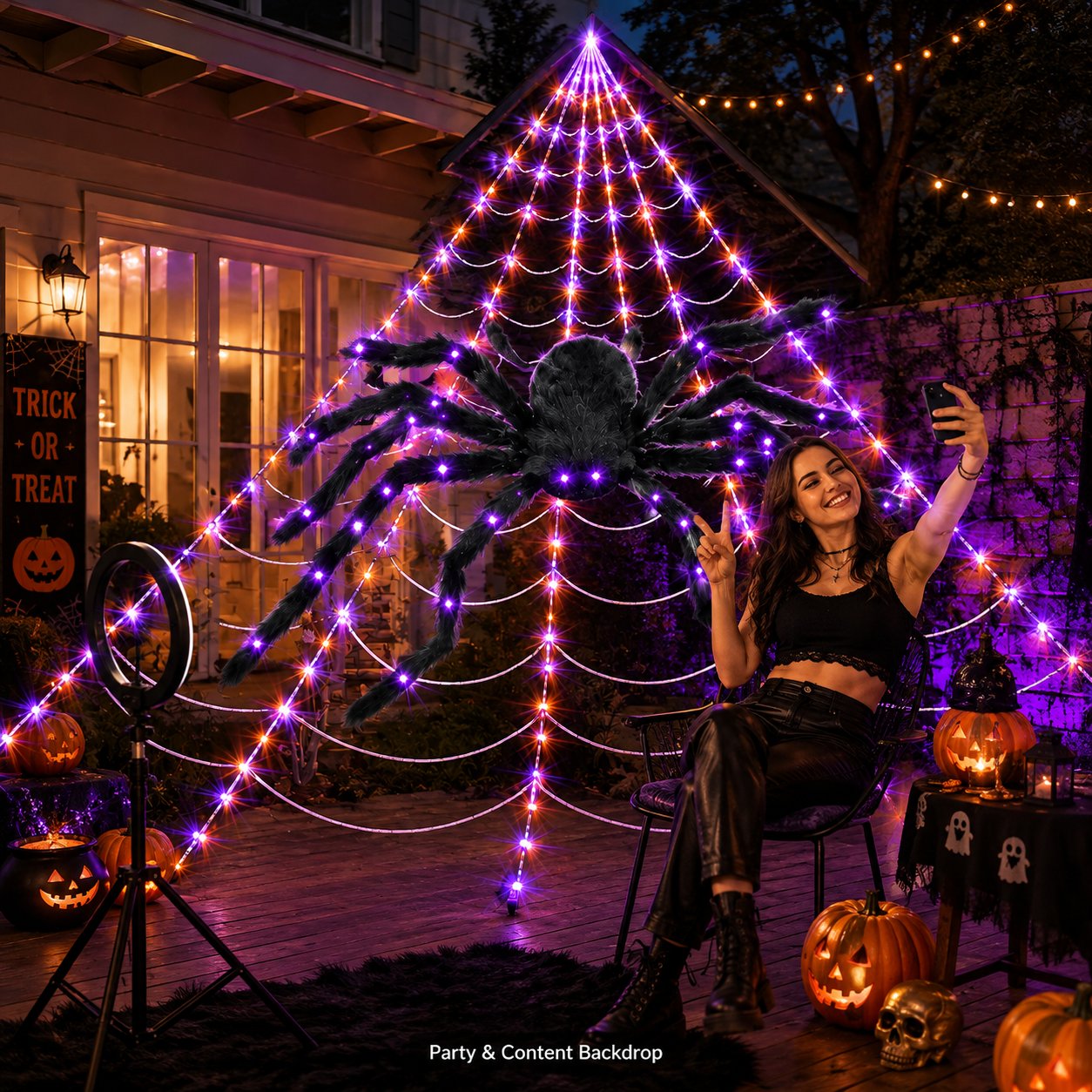 SpookGlow – Giant Purple LED Spider Web Lights