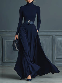 NavyElegance – Knitted High-Neck Dress