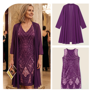 GraceLuxe – Elegant V-Neck Dress & Sheer Jacket Set