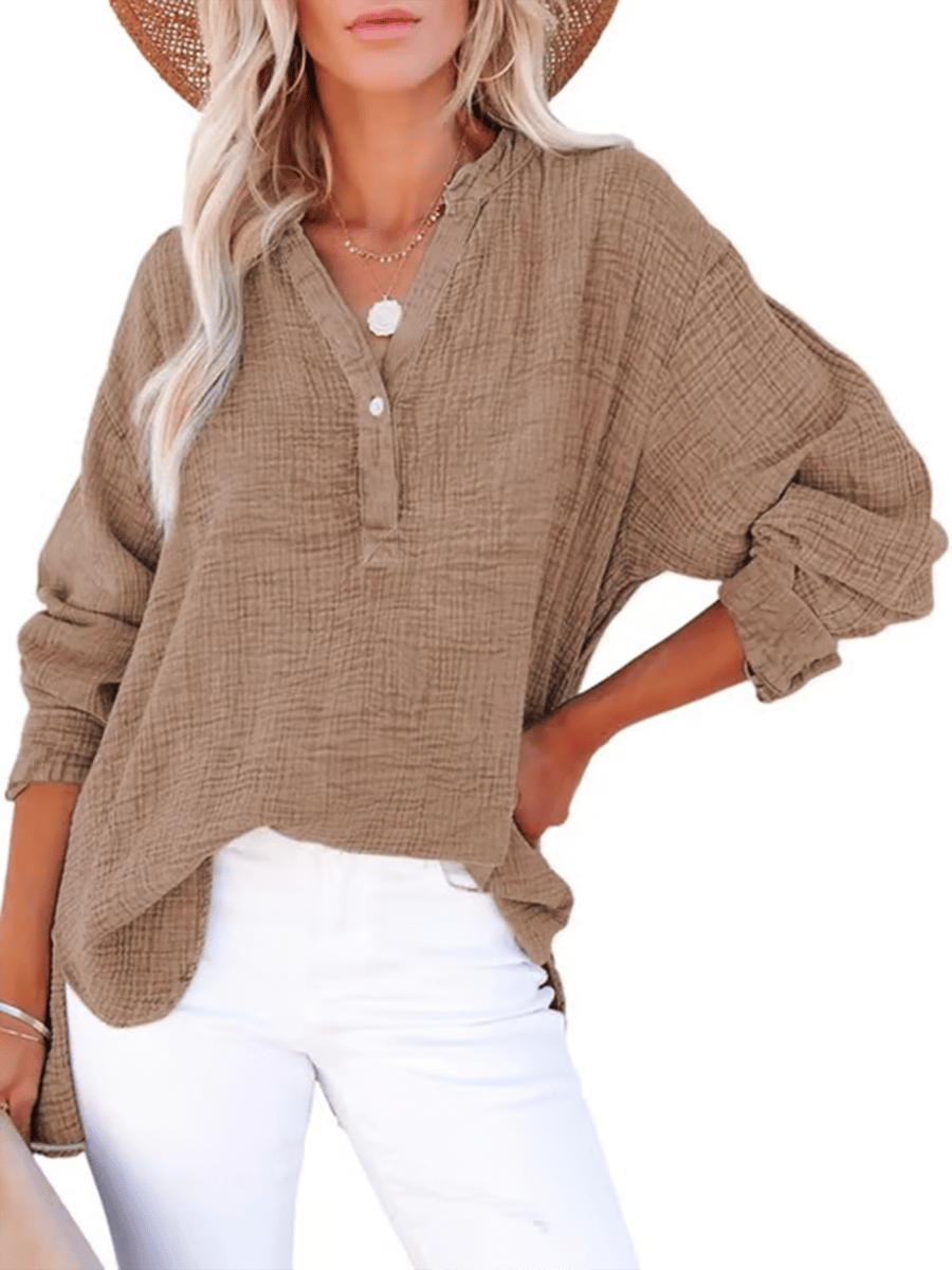 Womens Casual Button V Neck Long Sleeve Shirts Oversized Solid Blouses Tops