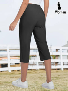 Women's Capris Pants - Loose Fit, Summer Drawstring Waist, Zippered Pockets, Breathable High-Stretch Fabric, Suitable for Everyday Wear