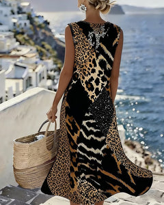 Patchwork Leopard Print Sleeveless Long Dress
