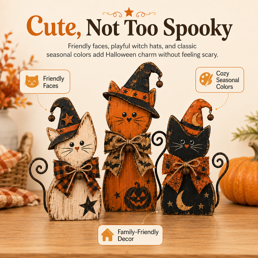 Vintage Halloween Witch Cat Decor Set