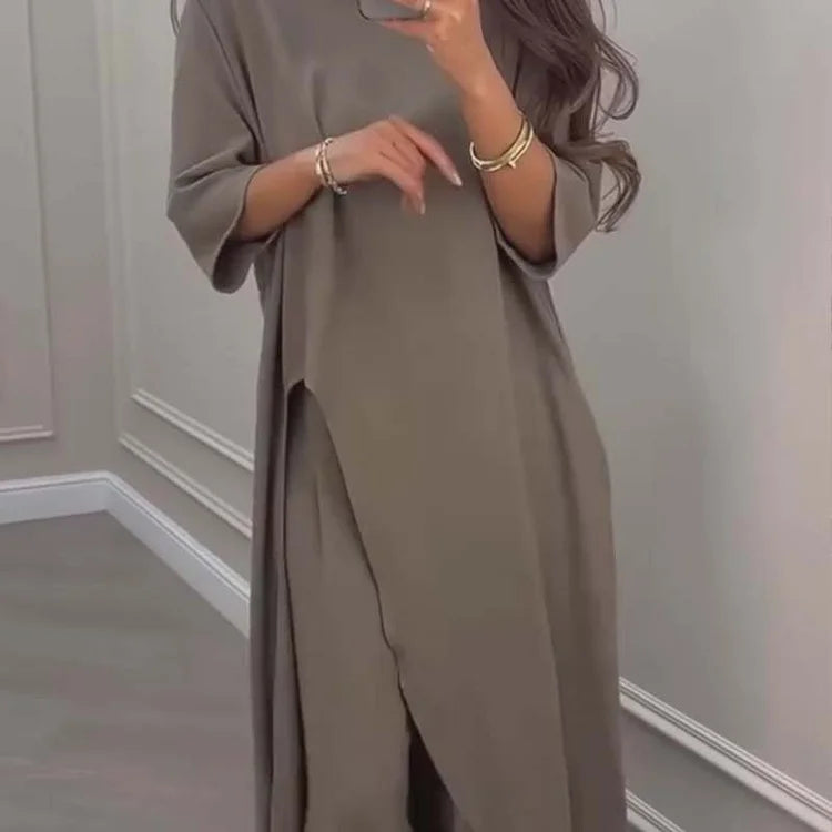 Solid Color Irregular Top & Wide-Leg Pants 2-PCS Set