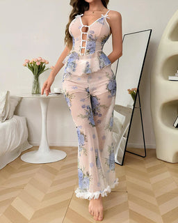 BlushAura – Delicate Mesh Floral Nightwear Set