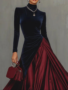 LuxeDrape – Color Block Velvet Satin Long Dress