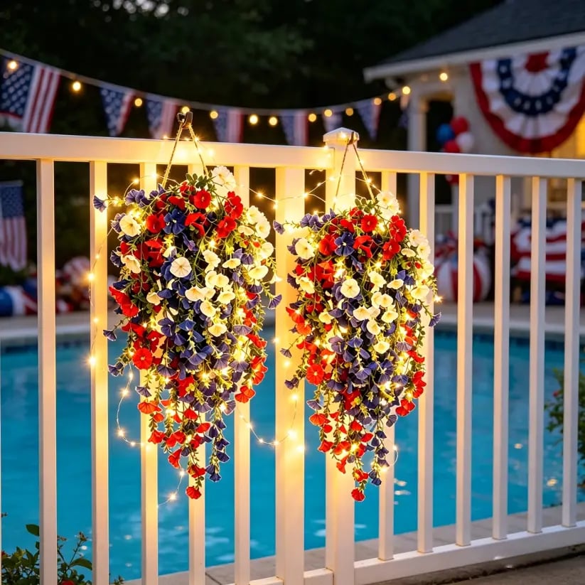 🎉Patriotic Hanging Flower Baskets 🔴⚪🔵 - Artificial Outdoor Decor, No Maintenance