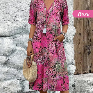 LinenAura – Elegant Printed Linen Cotton Midi Dress