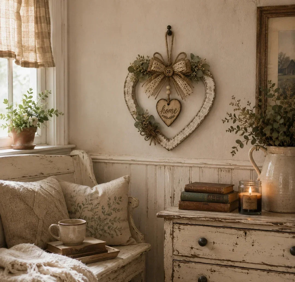 HearthBloom – Rustic Farmhouse Home Heart Wreath