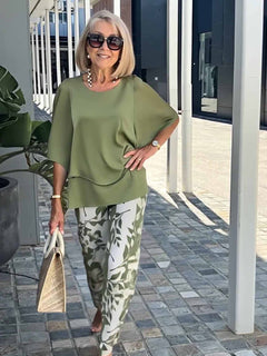 Casual Crew Neck Medium Sleeve Top Printed Floral Pants Set Two-piece Set