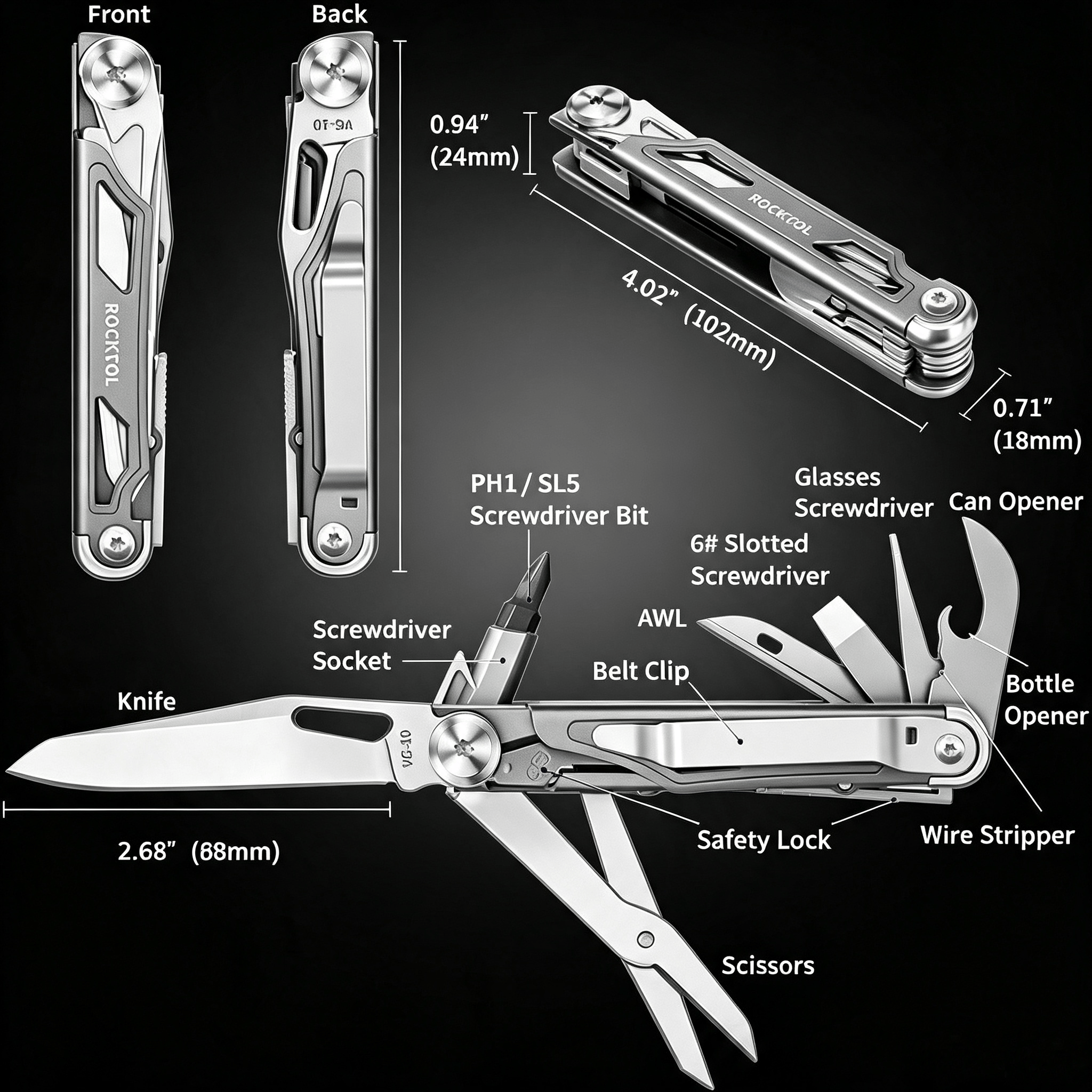 12‑in‑1 Multi‑Tool Pocket Knife, Stainless Steel Folding Utility Tool