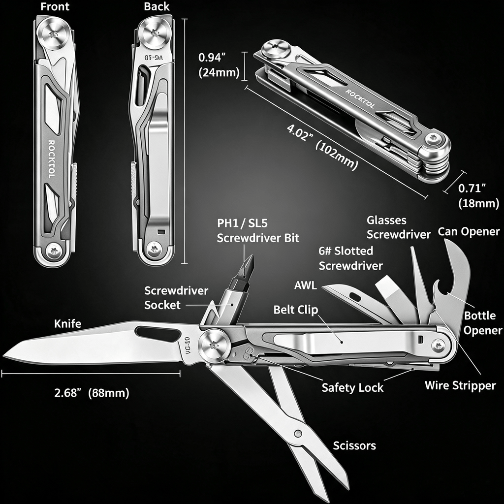 12‑in‑1 Multi‑Tool Pocket Knife, Stainless Steel Folding Utility Tool