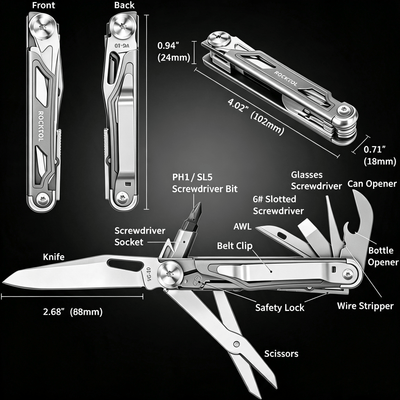 12‑in‑1 Multi‑Tool Pocket Knife, Stainless Steel Folding Utility Tool
