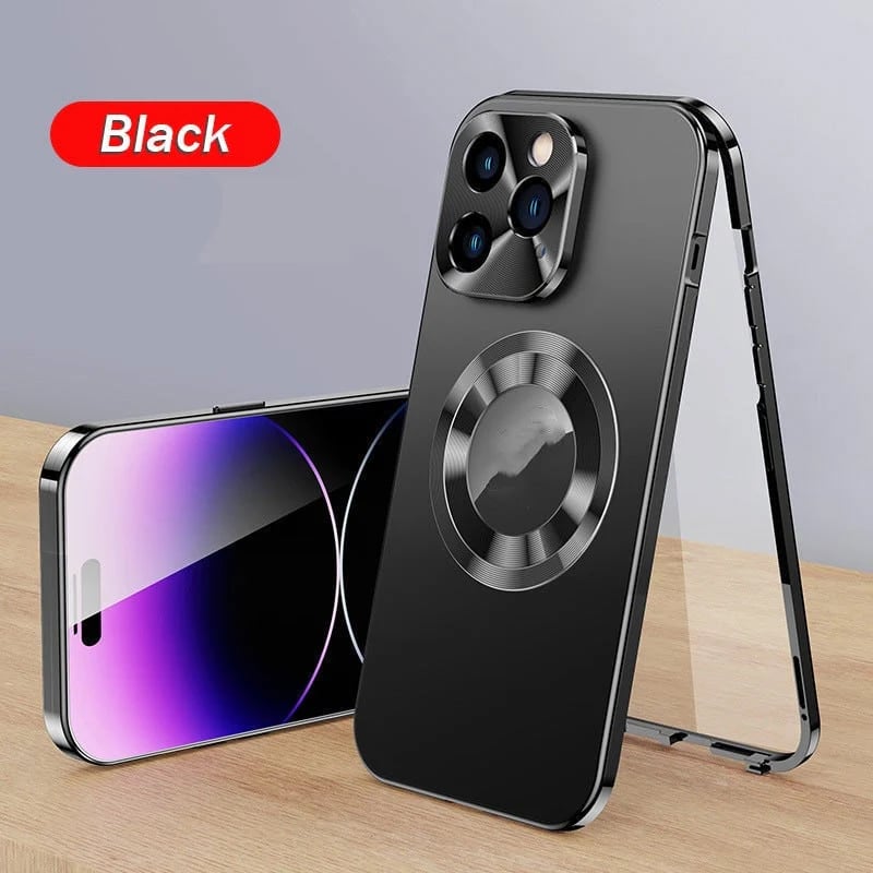 Double-sided magnetic phone case with electroplated glass