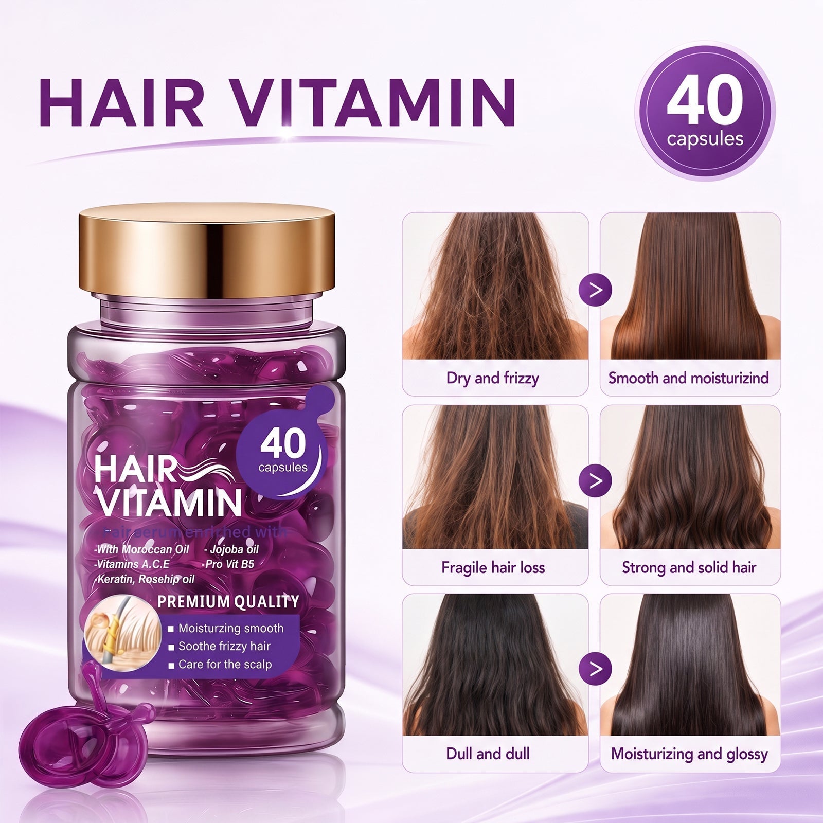 Hair Vitamin Capsules Infused with Violet Vitamins & Argan Oil for Color-Treated & Permed Hair Smooths Frizz Restores Silkiness & Shine 40 Capsules.