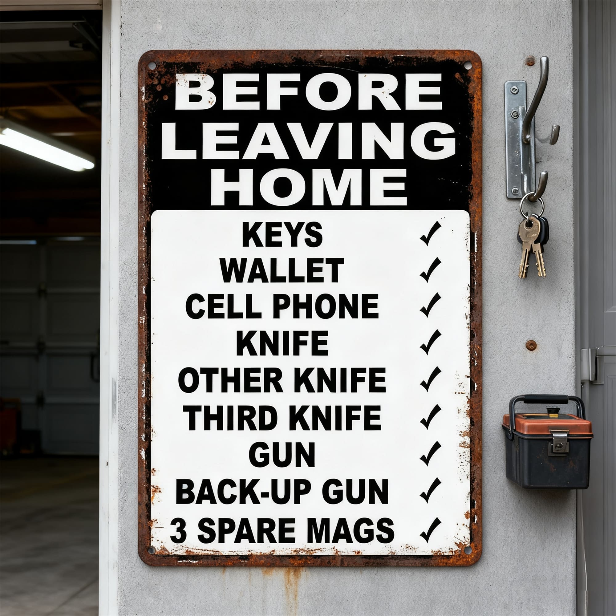 HomeHype – Funny “Before Leaving Home” Metal Sign
