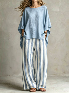 LinenLuxe – Women’s Striped Linen Set with Wide-Leg Trousers