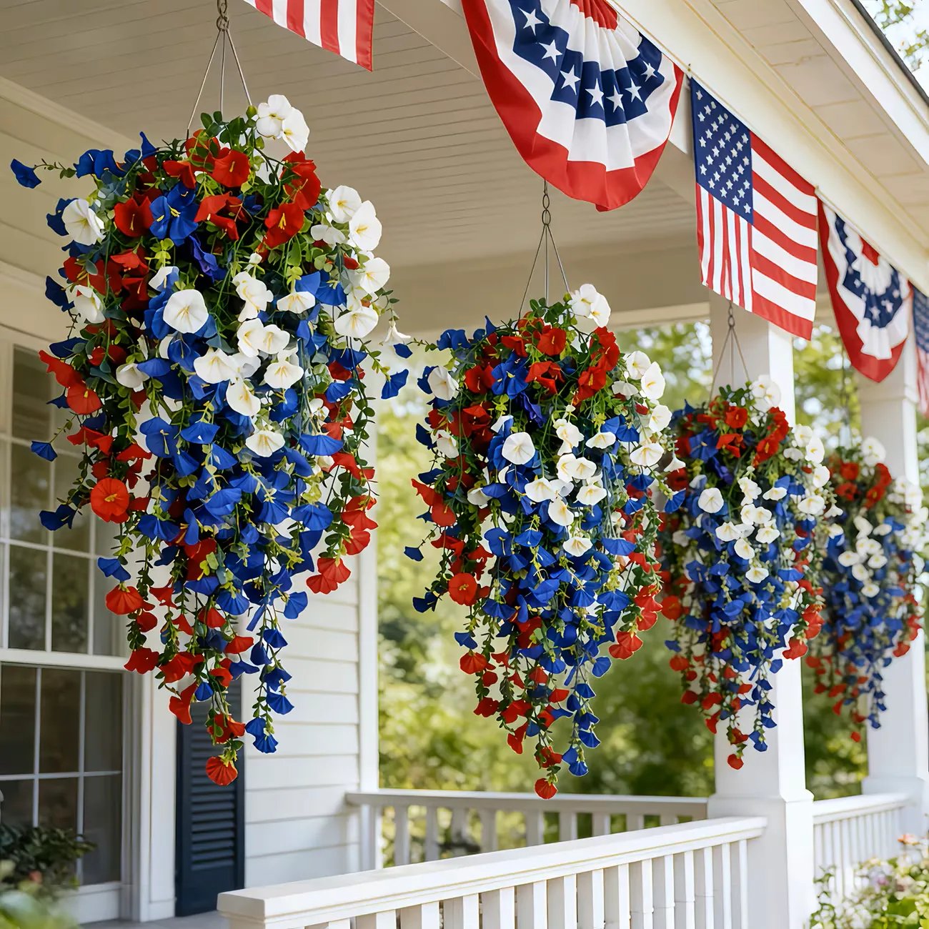 🎉Patriotic Hanging Flower Baskets 🔴⚪🔵 - Artificial Outdoor Decor, No Maintenance