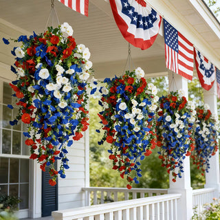 🎉Patriotic Hanging Flower Baskets 🔴⚪🔵 - Artificial Outdoor Decor, No Maintenance