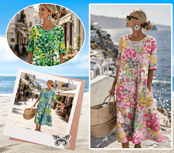 AquaBloom A-Line - Watercolor Midi Dress with Hidden Pockets